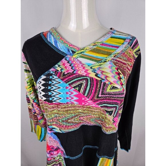Parsley & Sage Top Petite Large Boho Mixed Media Artsy Colorful 3/4 Sleeve Black - Picture 4 of 8